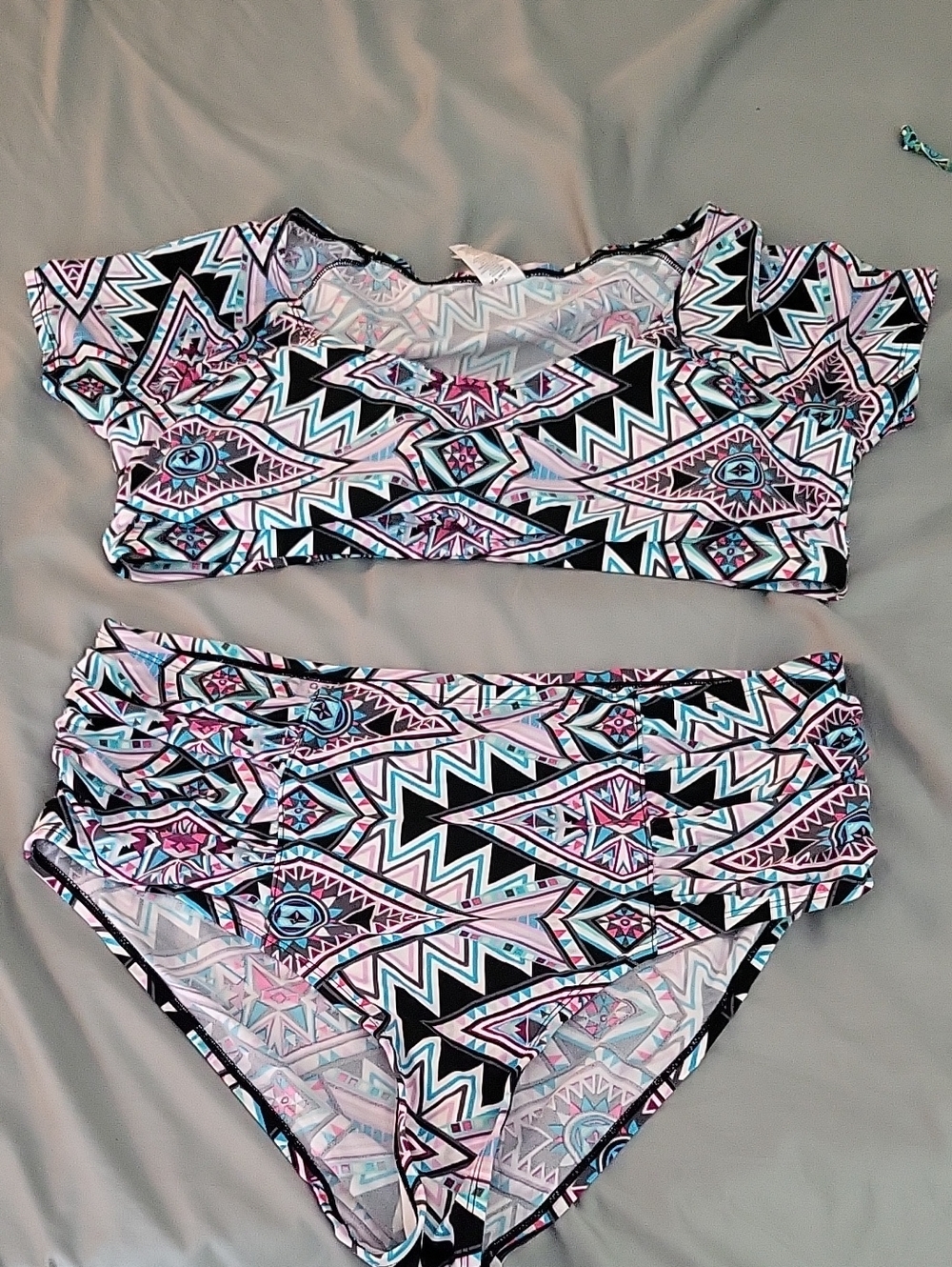 Geometric Print Two-Piece Bikini Set - Black, Pink, Blue